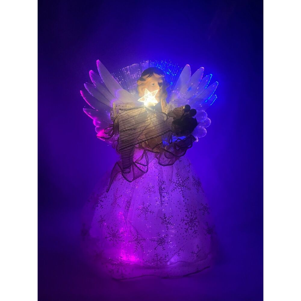 Vintage 12" Fiber Optic Fabric Angel Topper Gold Color Changing Christmas White
